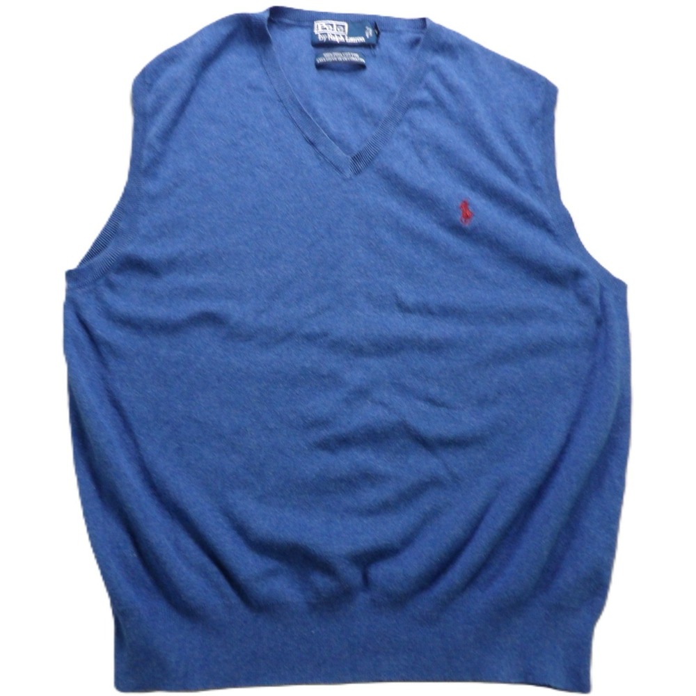Polo by Ralph Lauren Sweater Vest Men L Blue Pima Cotton V Neck Pony Golf Preppy